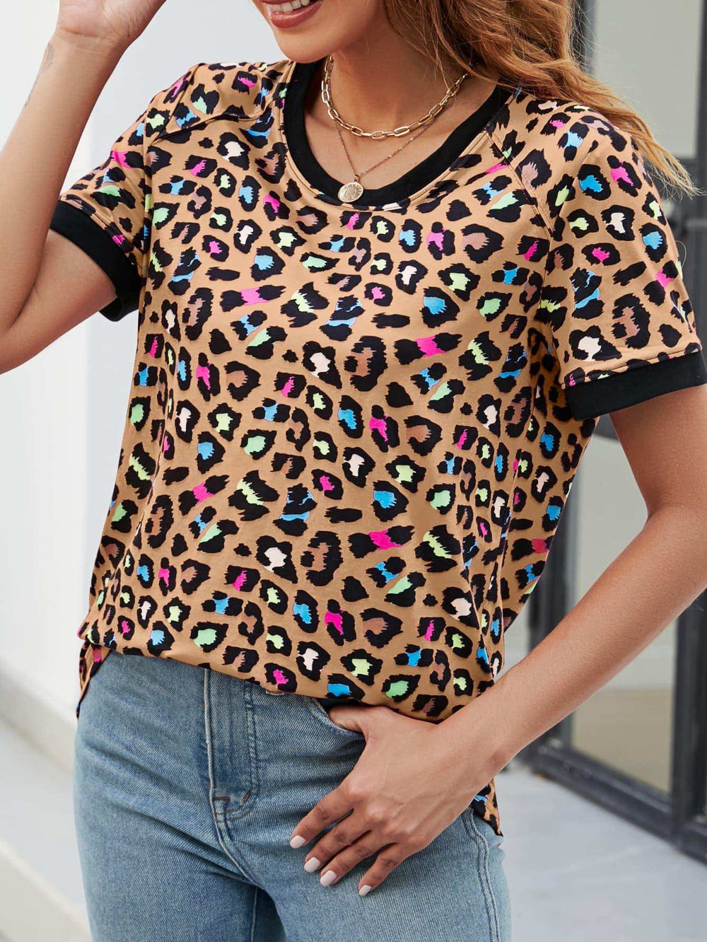 Leopard Round Neck Short Sleeve Tee Shirt - Trendsi - Flyclothing LLC