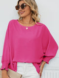 Smocked Lantern Sleeve Round Neck Blouse - Trendsi