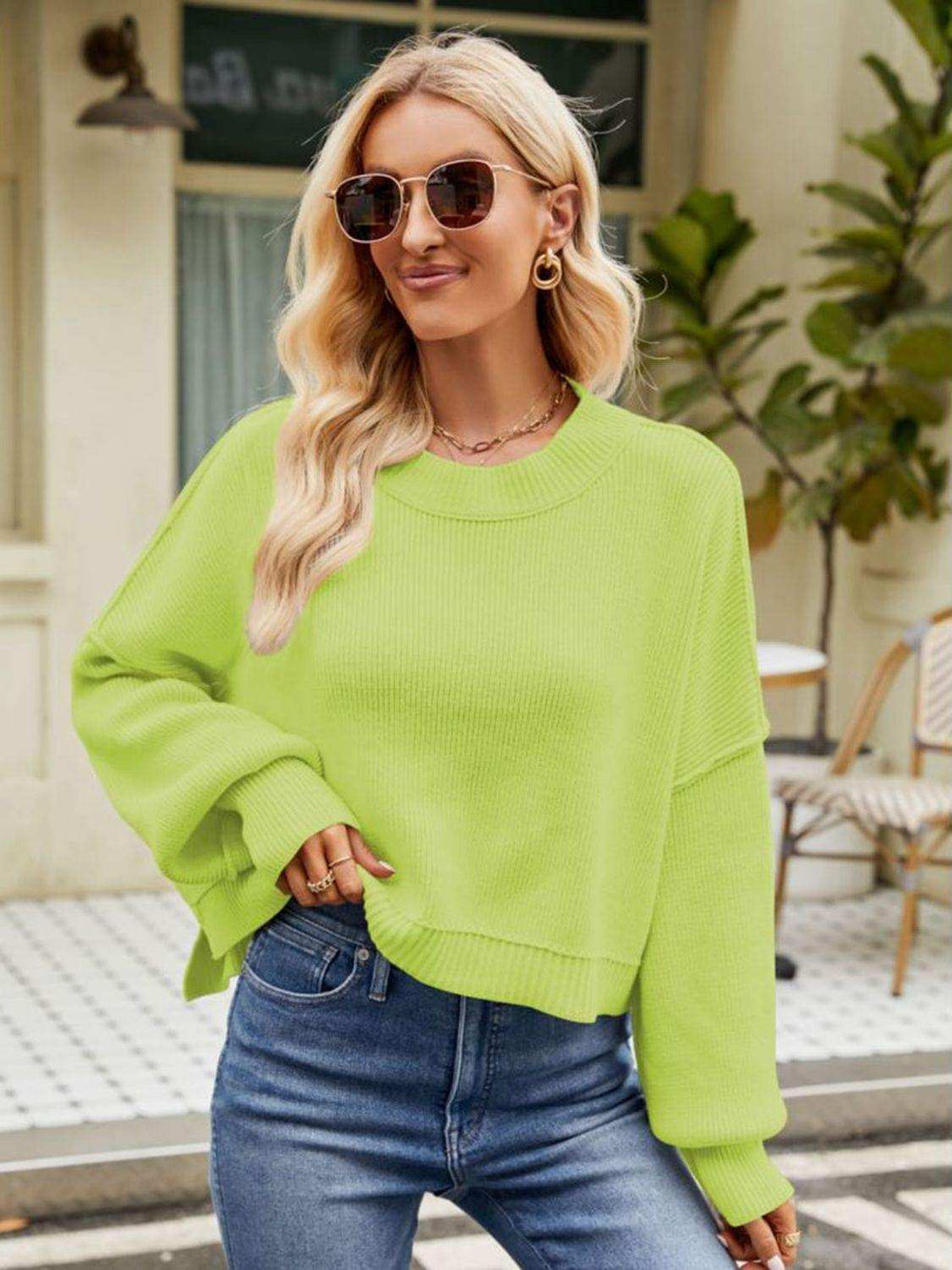 Round Neck Dropped Shoulder Sweater - Trendsi - Flyclothing LLC