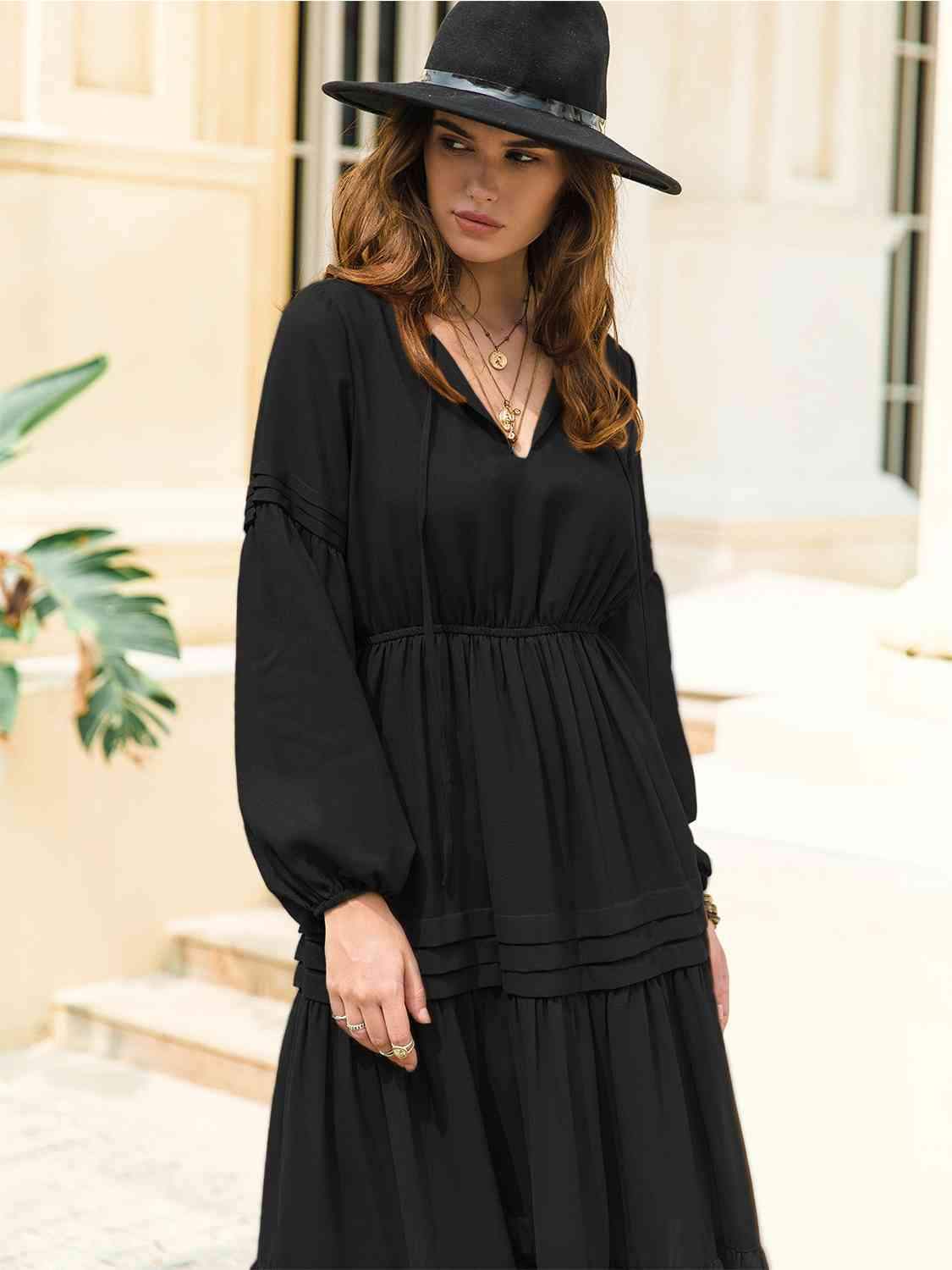 Tie Neck Long Sleeve Midi Tiered Dress - Trendsi - Flyclothing LLC