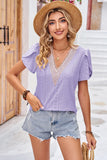 Eyelet V-Neck Petal Sleeve T-Shirt - Trendsi