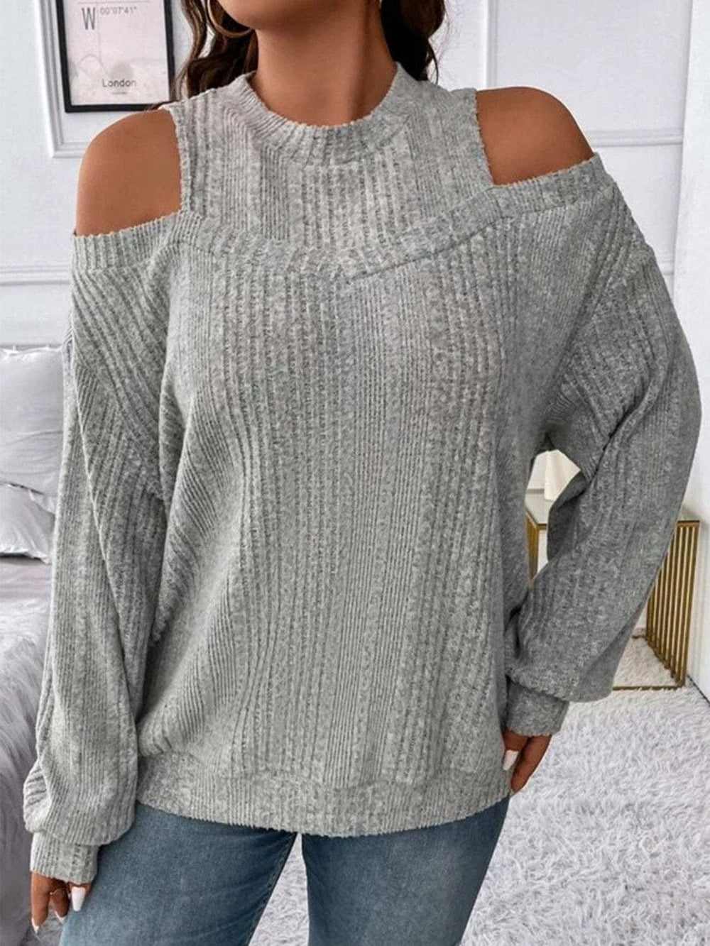 Round Neck Cold Shoulder Sweater - Trendsi - Flyclothing LLC