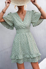 Printed Smocked Waist Layered Surplice Dress - Trendsi - Flyclothing LLC