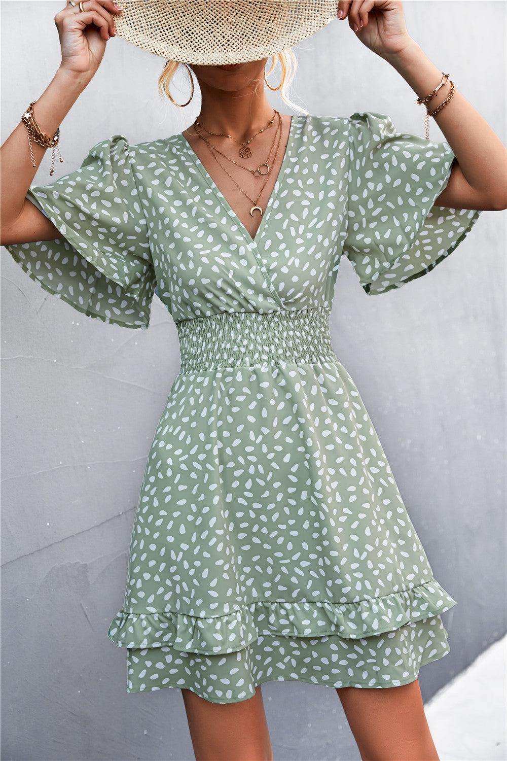 Printed Smocked Waist Layered Surplice Dress - Trendsi - Flyclothing LLC