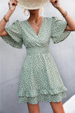 Printed Smocked Waist Layered Surplice Dress - Trendsi