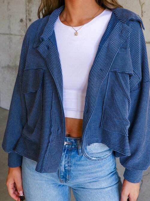 Ribbed Collared Neck Button Up Jacket - Trendsi - Flyclothing LLC