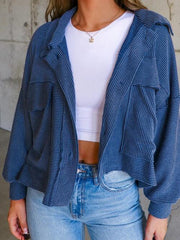 Ribbed Collared Neck Button Up Jacket - Trendsi