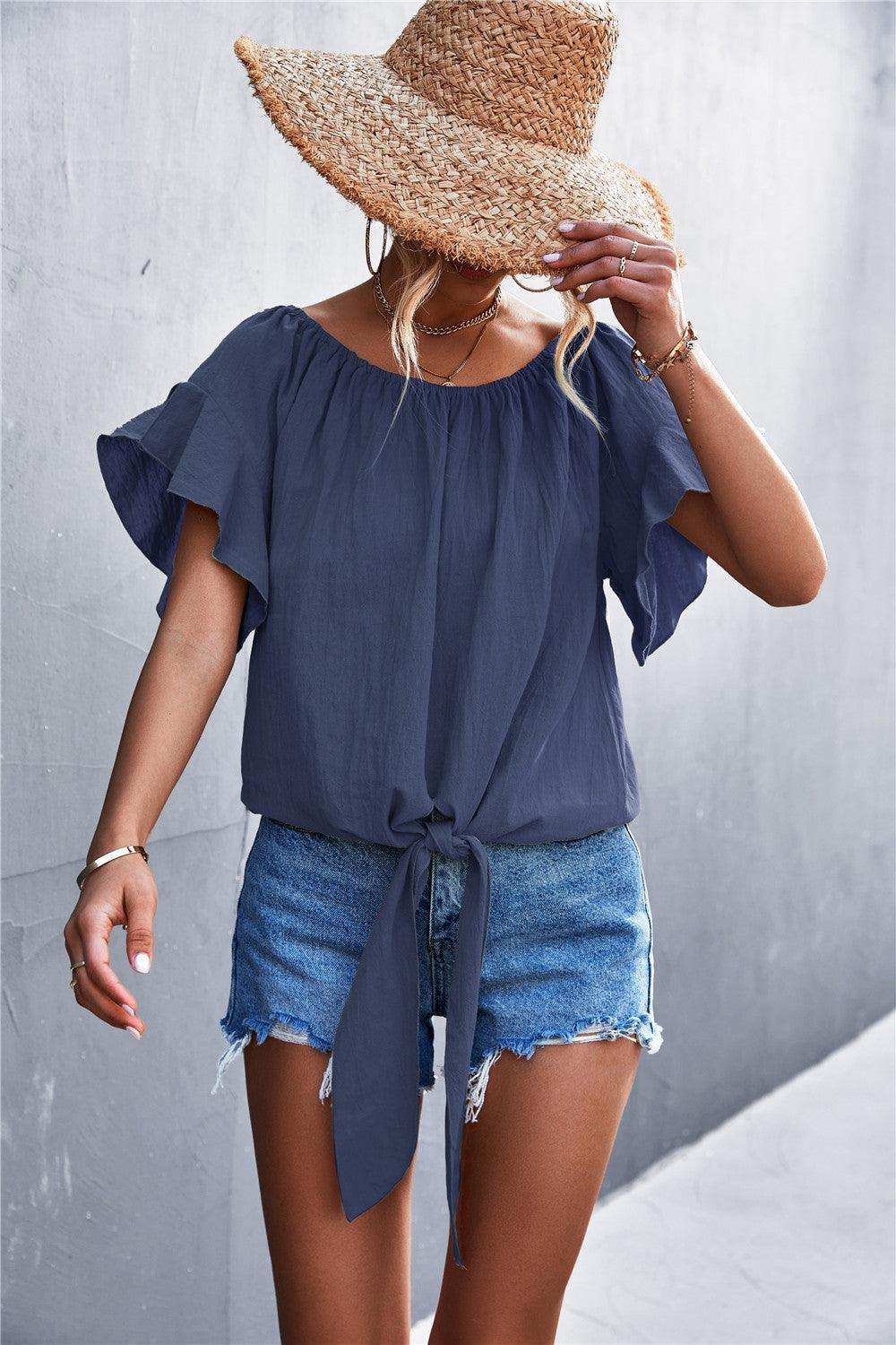 Flutter Sleeve Tie-Front Blouse - Trendsi - Flyclothing LLC