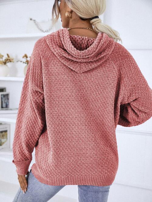 Texture Drawstring Long Sleeve Hooded Sweater - Trendsi