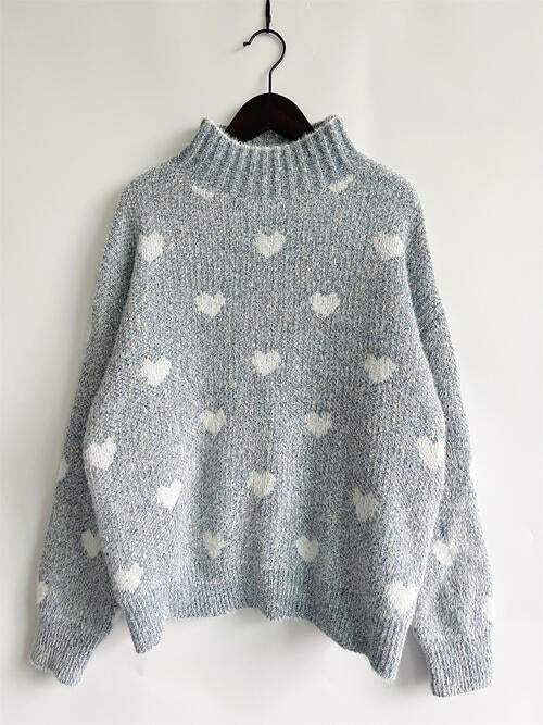 Heart Heathered Turtleneck Drop Shoulder Sweater - Trendsi - Flyclothing LLC