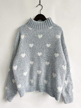 Heart Heathered Turtleneck Drop Shoulder Sweater - Trendsi - Flyclothing LLC