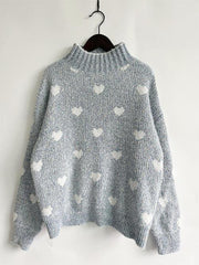 Heart Heathered Turtleneck Drop Shoulder Sweater - Trendsi