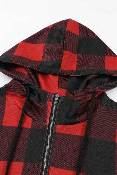 Drawstring Plaid Half Zip Hoodie - Trendsi - Flyclothing LLC