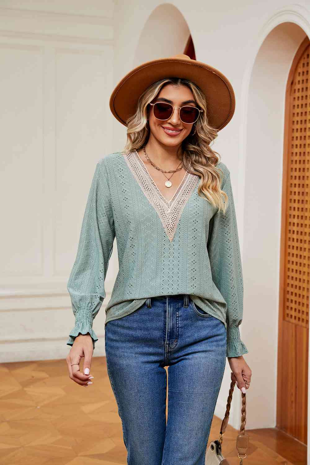 Contrast Flounce Sleeve Blouse - Trendsi - Flyclothing LLC