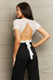 Spliced Lace Tied Open Back Bodysuit - Trendsi
