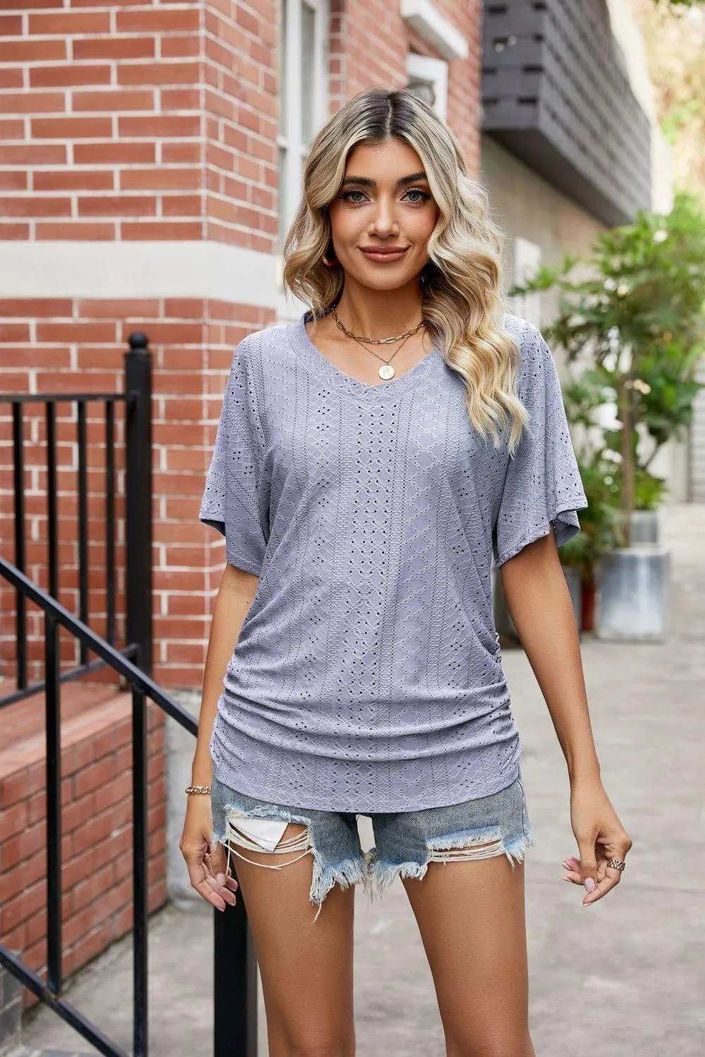 Flutter Sleeve Eyelet Gathered Detail Top - Trendsi - Flyclothing LLC
