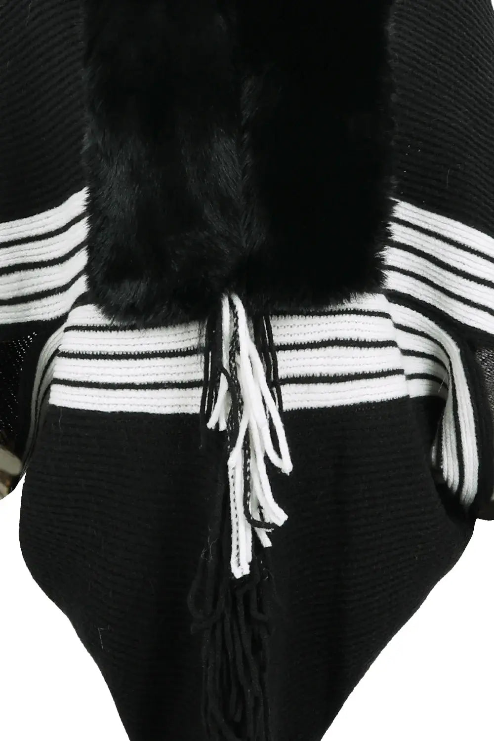 Striped Fringe Detail Long Sleeve Poncho - Trendsi - Flyclothing LLC