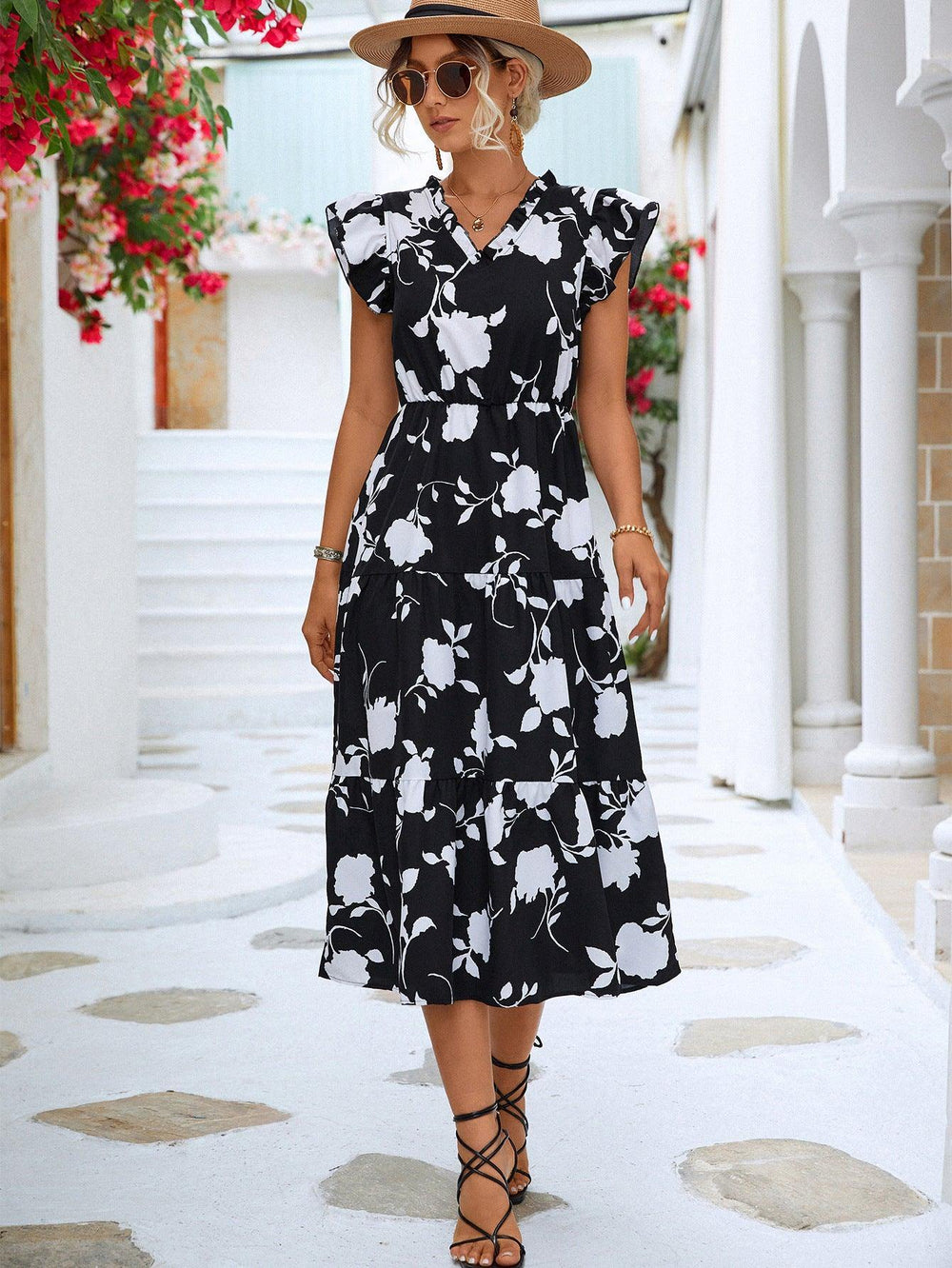 Floral Frill Trim V-Neck Tiered Midi Dress - Trendsi