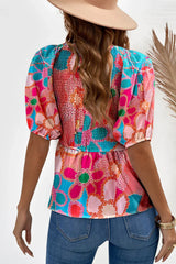 Printed V-Neck Babydoll Blouse - Trendsi - Flyclothing LLC