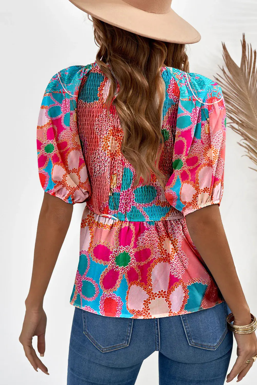Printed V-Neck Babydoll Blouse - Trendsi - Flyclothing LLC