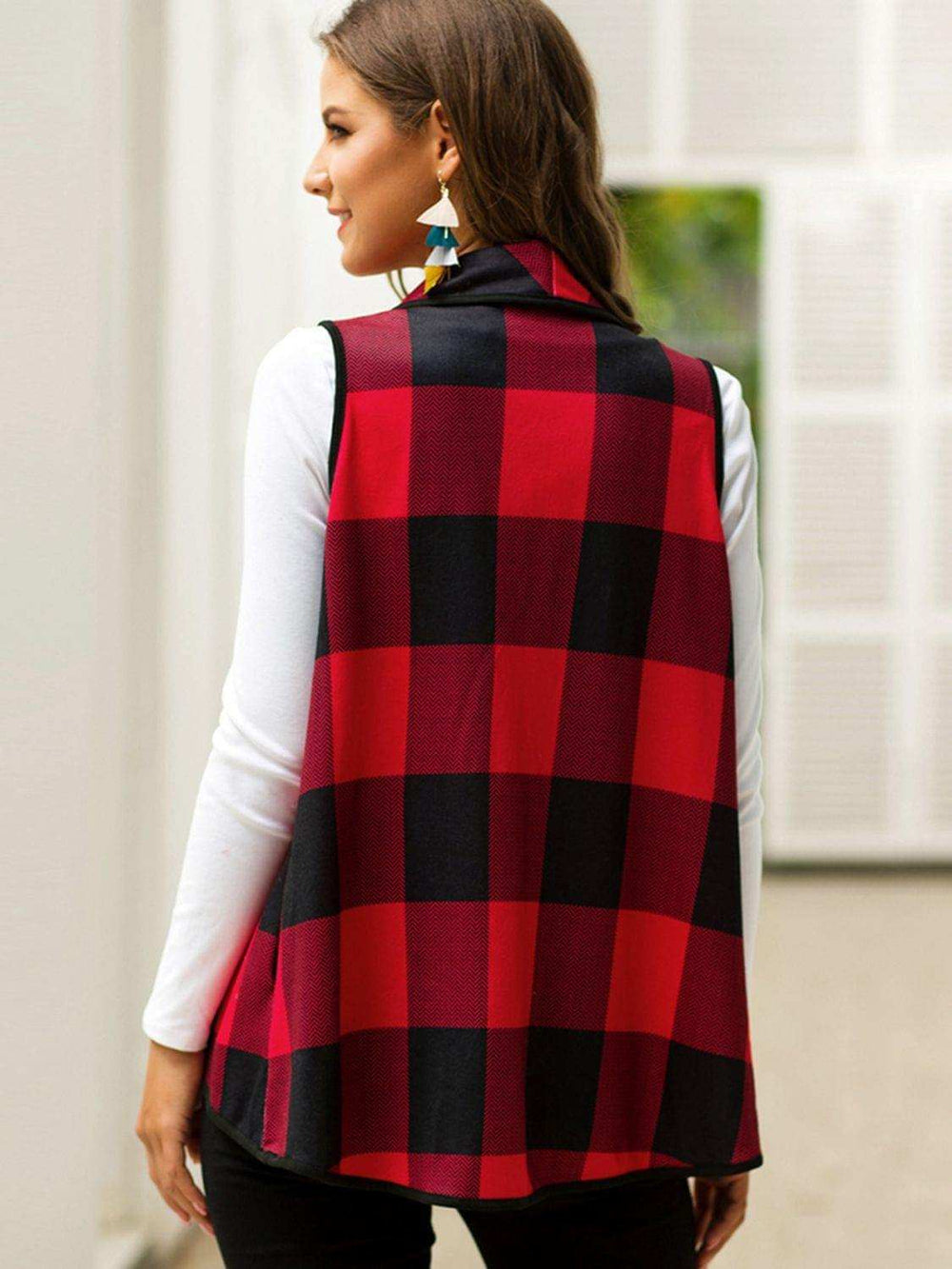 Plaid Open Front Sleeveless Cardigan - Trendsi - Flyclothing LLC