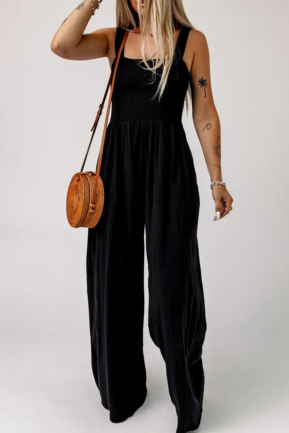 Smocked Square Neck Wide Leg Jumpsuit with Pockets - Trendsi - Flyclothing LLC