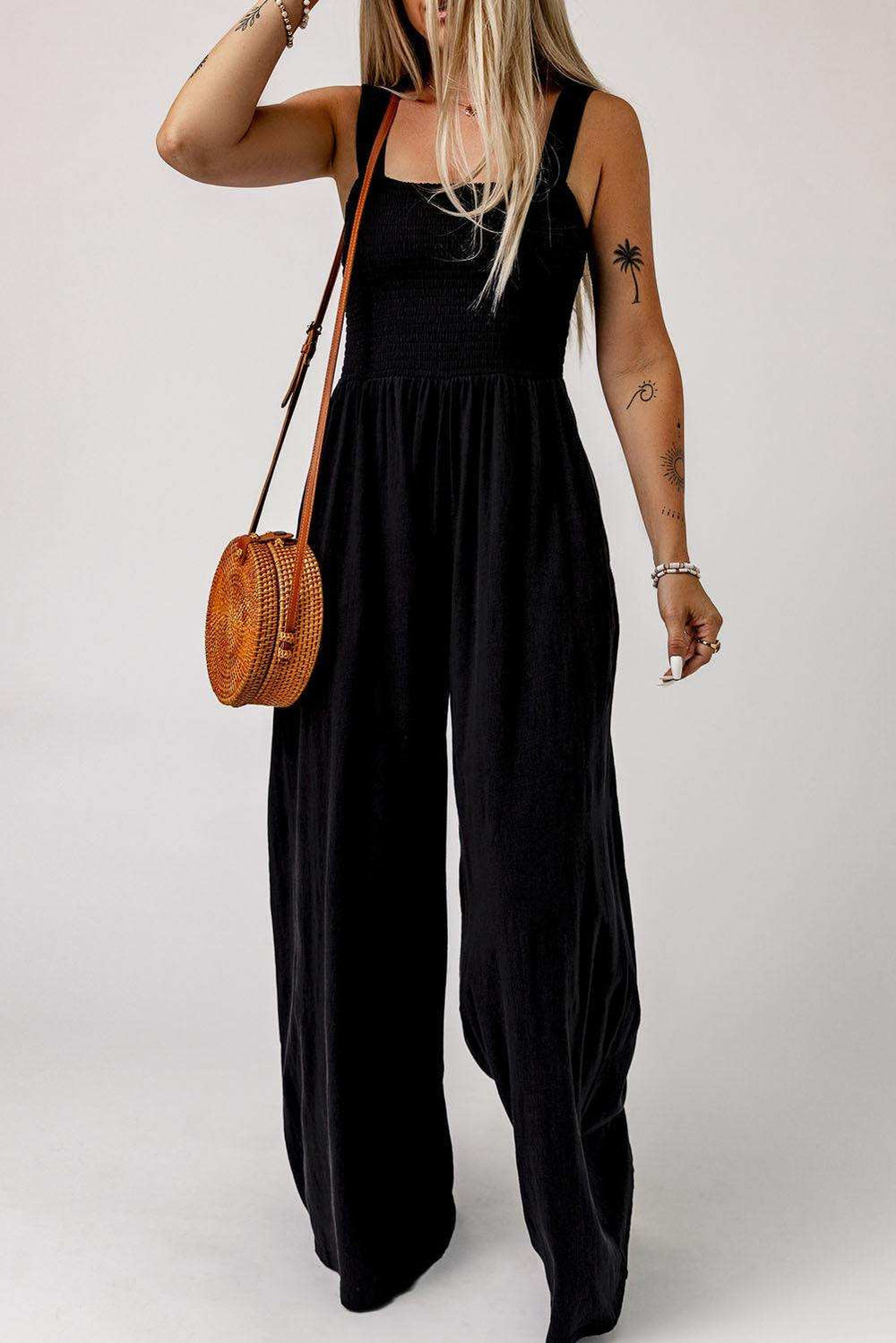 Smocked Square Neck Wide Leg Jumpsuit with Pockets - Trendsi - Flyclothing LLC