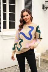 Printed Round Neck Dropped Shoulder Pullover Sweater - Trendsi - Flyclothing LLC