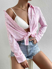 Heart Collared Neck Button Down Shirt - Trendsi