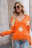 Flower Distressed Ribbed Trim Sweater - Trendsi