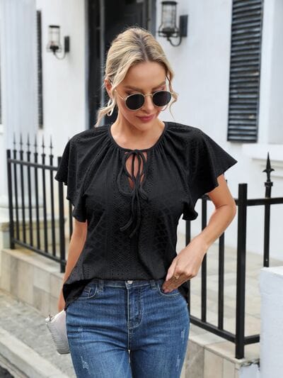 Eyelet Tie Neck Flutter Sleeve Blouse - Trendsi