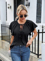 Eyelet Tie Neck Flutter Sleeve Blouse - Trendsi - Flyclothing LLC