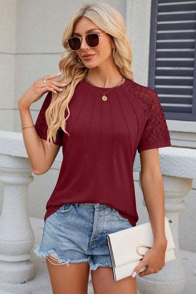Openwork Round Neck Short Sleeve T-Shirt - Trendsi - Flyclothing LLC