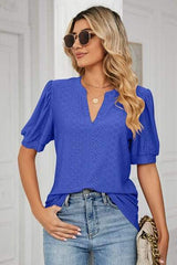 Eyelet Notched Short Sleeve T-Shirt - Trendsi - Flyclothing LLC