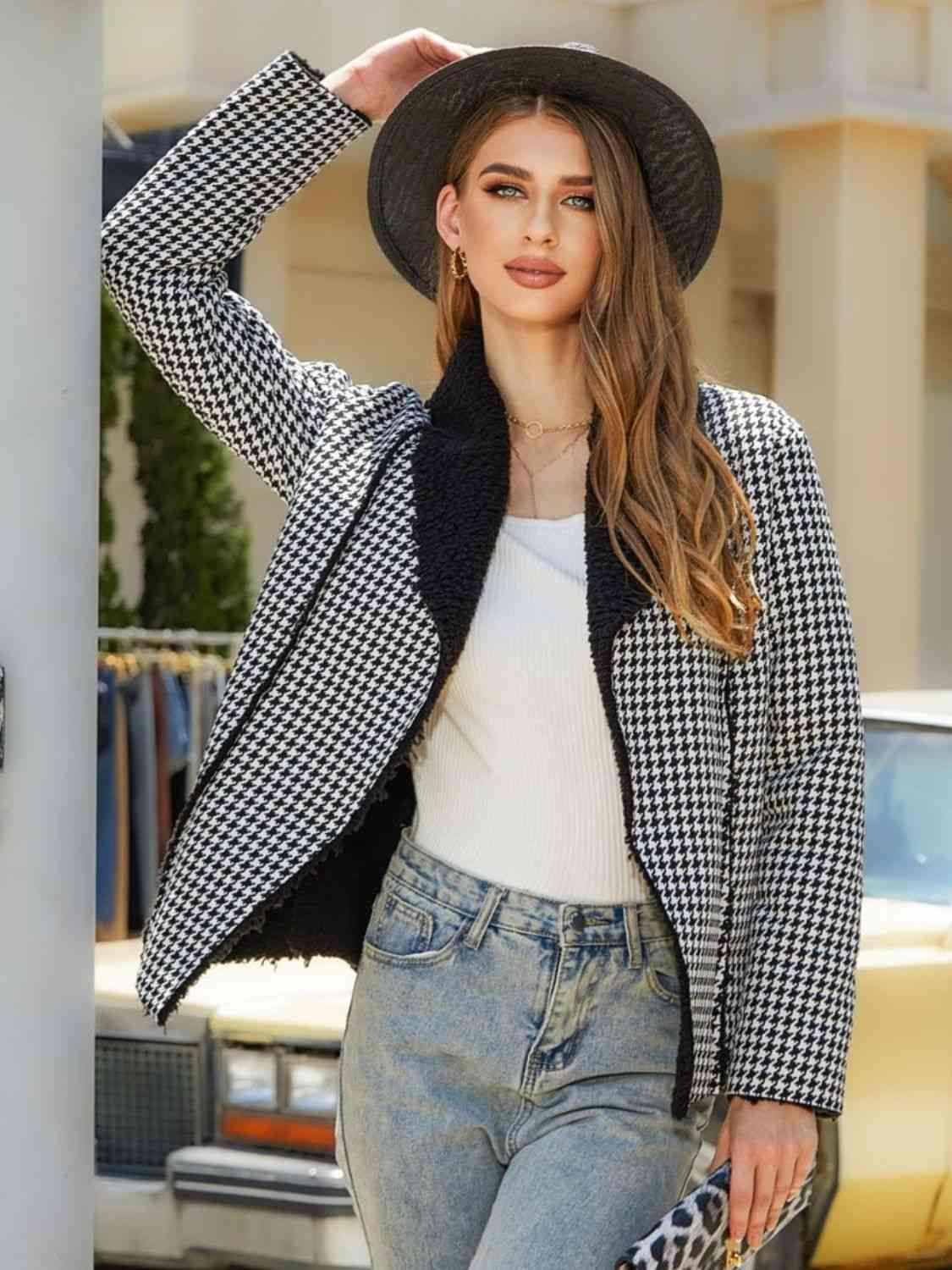 Houndstooth Open Front Long Sleeve Jacket - Trendsi