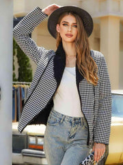 Houndstooth Open Front Long Sleeve Jacket - Trendsi