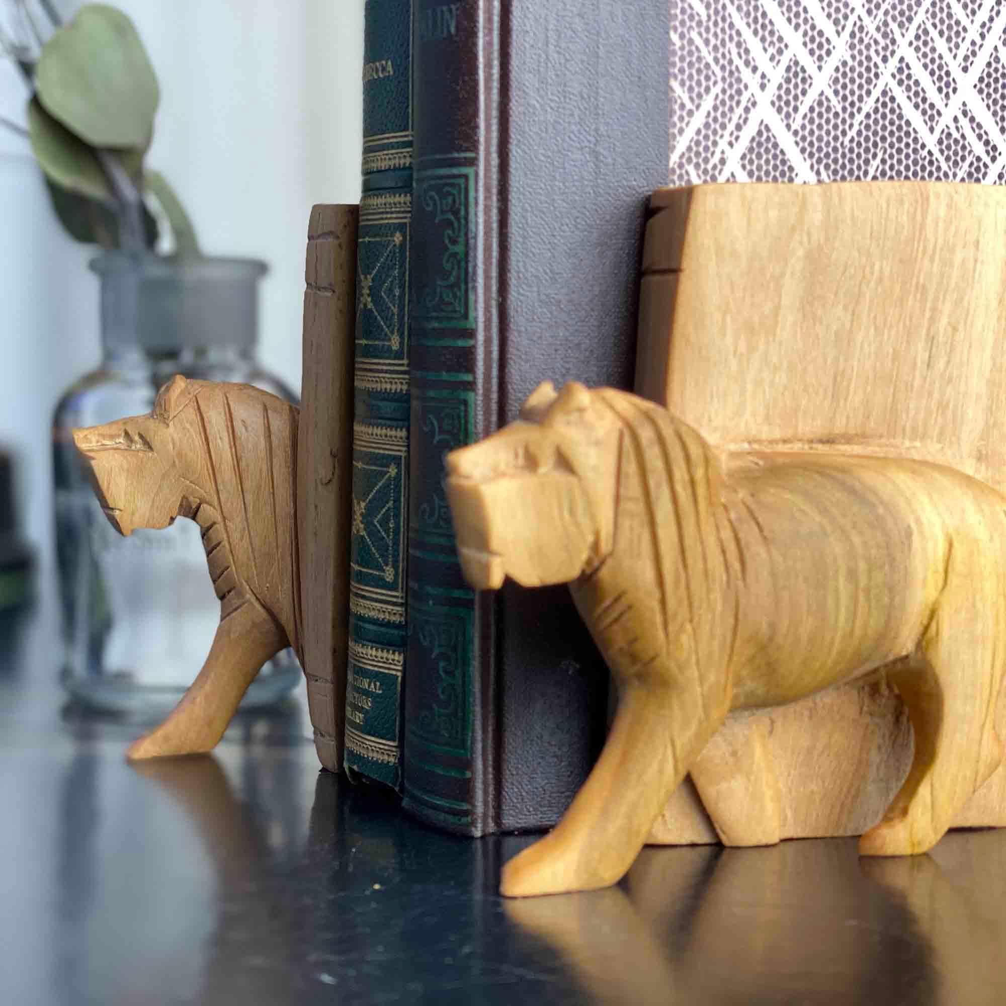 Carved Wood Lion Book Ends, Set of 2 - Jedando