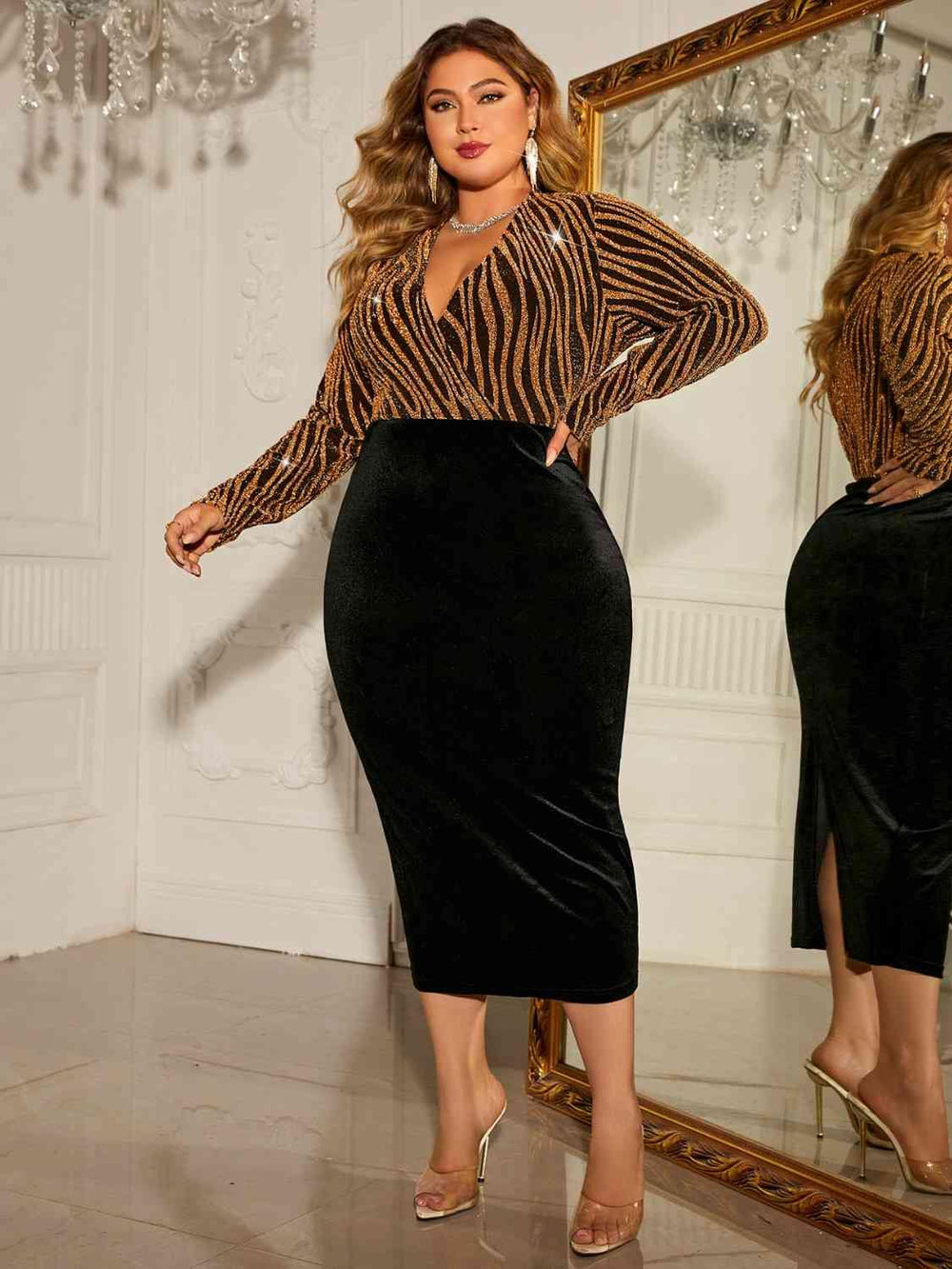 Plus Size Surplice Neck Long Sleeve Slit Dress - Trendsi