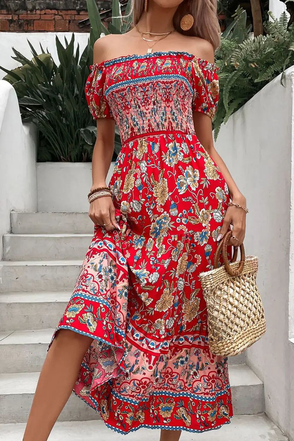 Floral Off-Shoulder Smocked Midi Dress - Trendsi - Flyclothing LLC