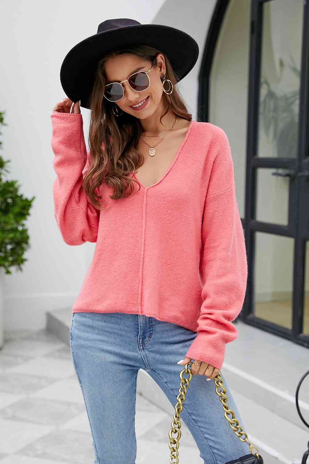 V-Neck Drop Shoulder Long Sleeve Knit Top - Trendsi - Flyclothing LLC