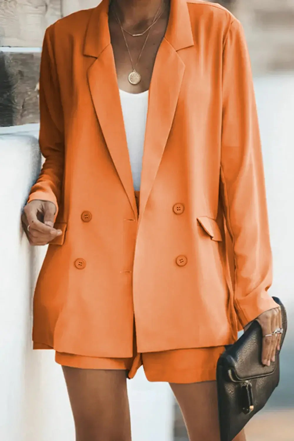 Longline Blazer and Shorts Set with Pockets - Trendsi - Flyclothing LLC