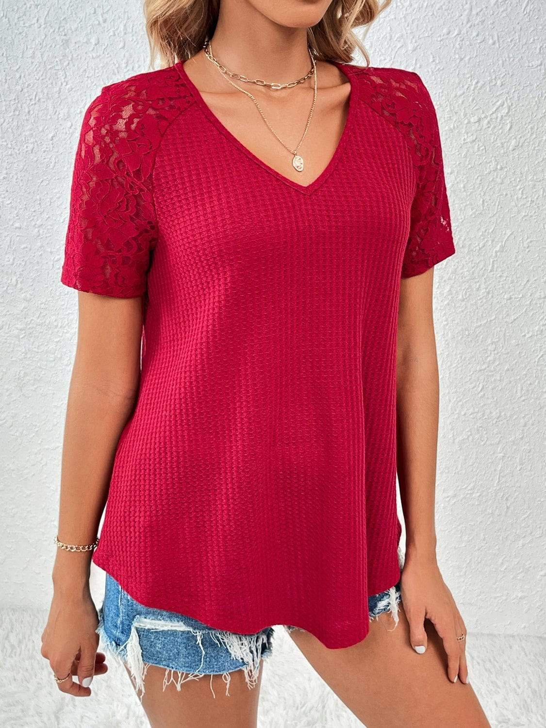 Lace Detail V-Neck Short Sleeve T-Shirt - Trendsi - Flyclothing LLC