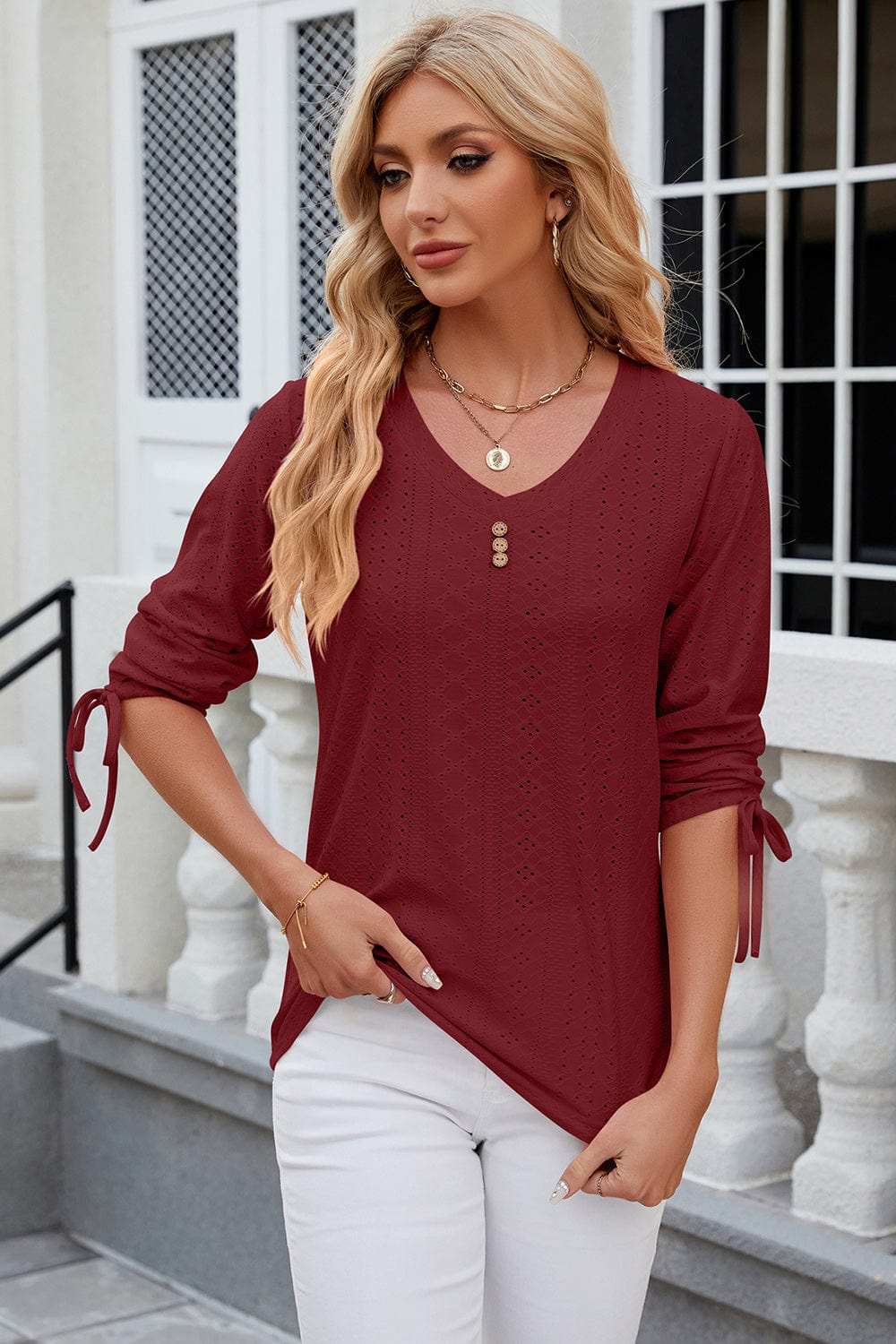Eyelet Drawstring V-Neck Half Sleeve T-Shirt - Trendsi - Flyclothing LLC