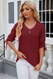 Eyelet Drawstring V-Neck Half Sleeve T-Shirt - Trendsi - Flyclothing LLC