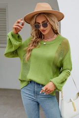 Openwork Round Neck Dropped Shoulder Knit Top - Trendsi - Flyclothing LLC