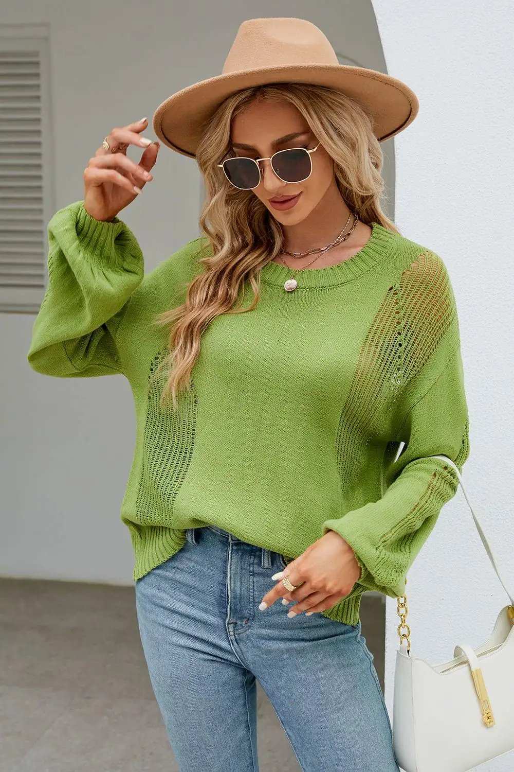 Openwork Round Neck Dropped Shoulder Knit Top - Trendsi - Flyclothing LLC