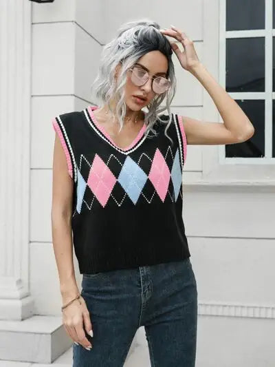 Geometric V-Neck Sweater Vest - Trendsi - Flyclothing LLC