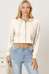 Waffle-Knit Drawstring Zip Up Hoodie - Trendsi - Flyclothing LLC