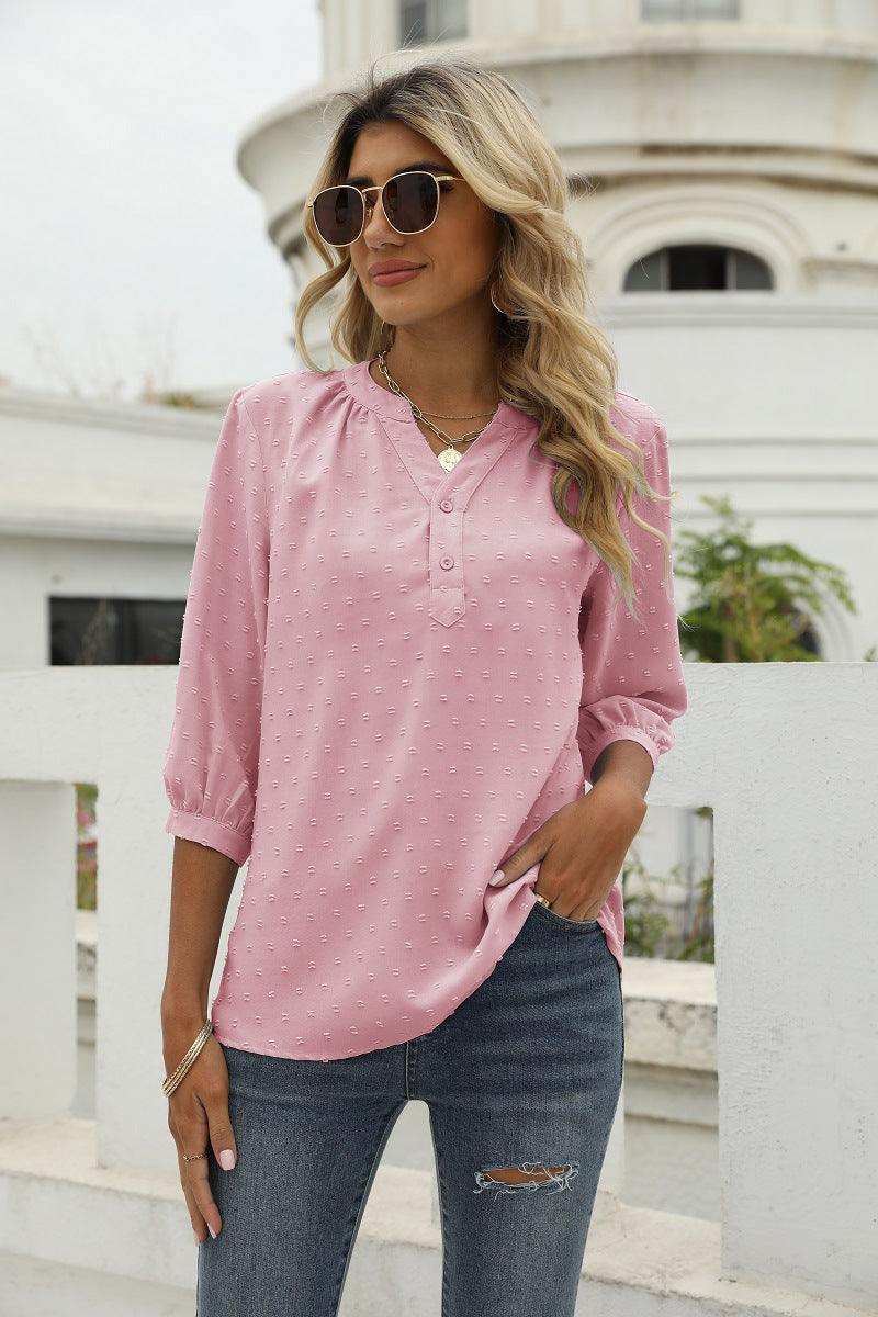 Swiss Dot Notched Neck Three-Quarter Sleeve Blouse - Trendsi - Flyclothing LLC