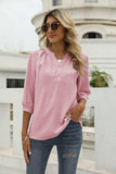 Swiss Dot Notched Neck Three-Quarter Sleeve Blouse - Trendsi - Flyclothing LLC
